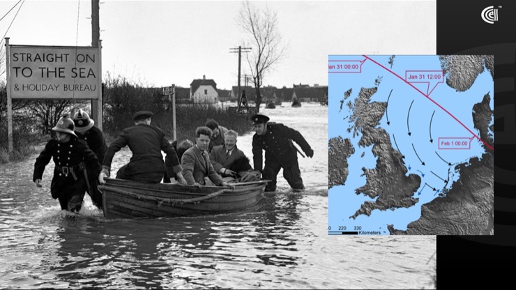 Pictures of the conditions that created the flood of 1953 along with people escaping, wearing suits, in a boat.